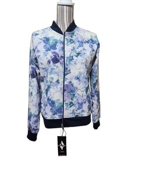 Skechers Floral Bomber Jacket in Blue Multi with Navy Trim